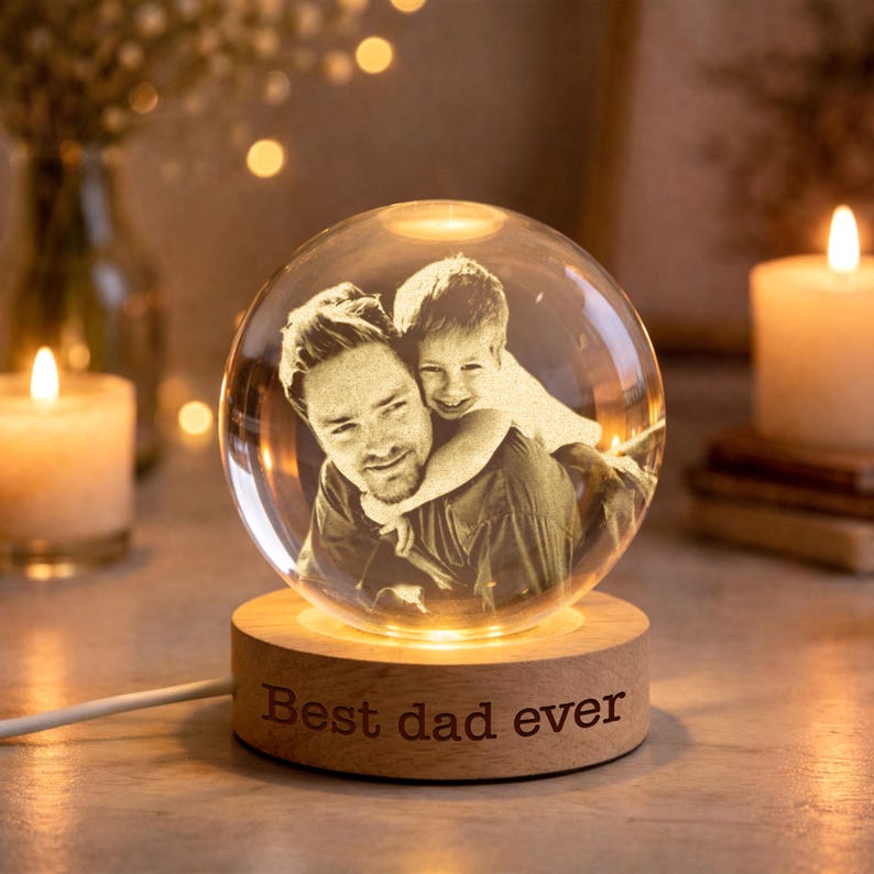 Personalized Photo Crystal Ball LED Night Light, Custom Engraved Picture Dad Night Light