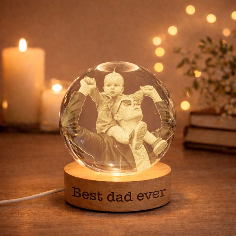 Personalized Photo Crystal Ball LED Night Light, Custom Engraved Picture Dad Night Light