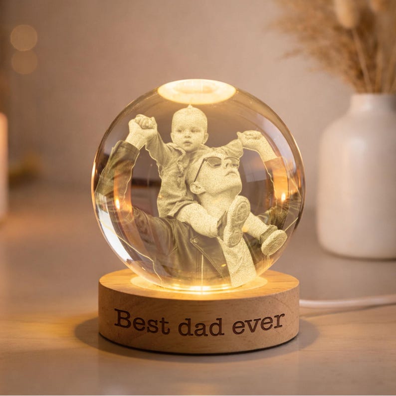 Personalized Photo Crystal Ball LED Night Light, Custom Engraved Picture Dad Night Light