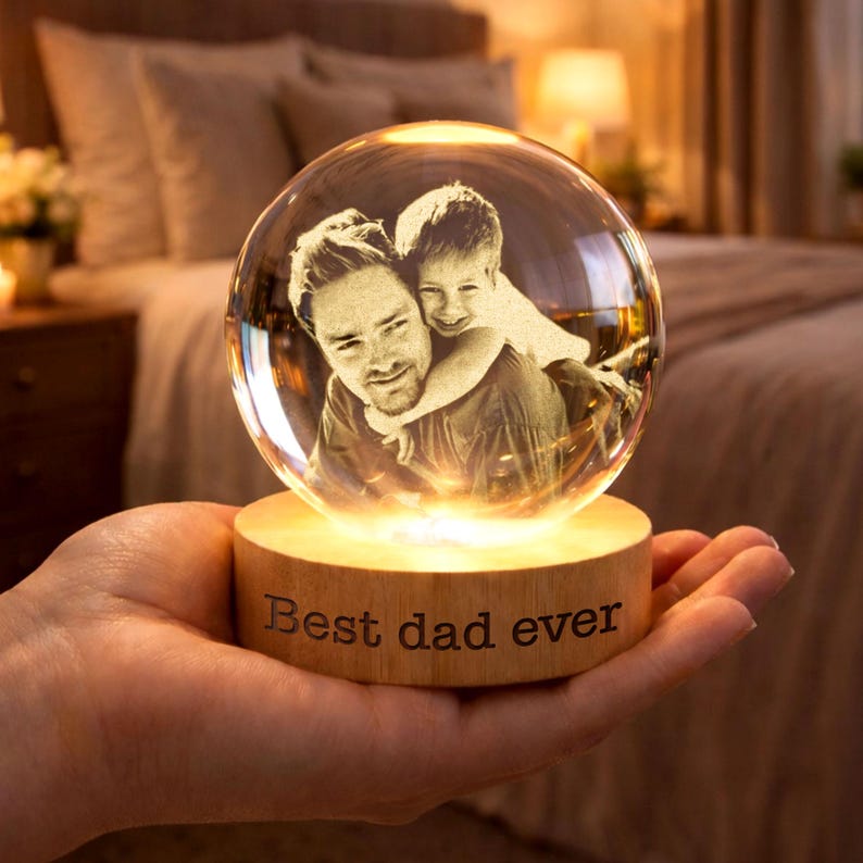 Personalized Photo Crystal Ball LED Night Light, Custom Engraved Picture Dad Night Light
