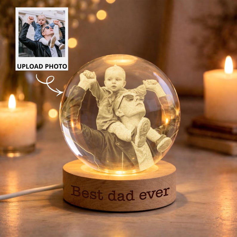 Personalized Photo Crystal Ball LED Night Light, Custom Engraved Picture Dad Night Light