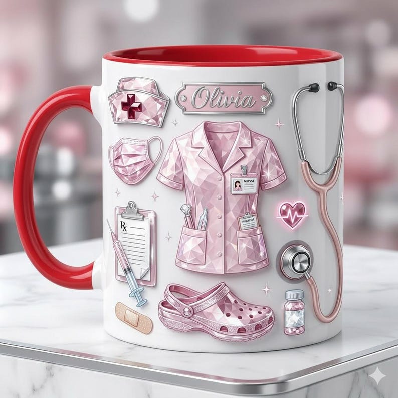 Personalized Nurse Life Faux 3D Effect Mug, Crystal Style Medical Icons, Gift For Nurses