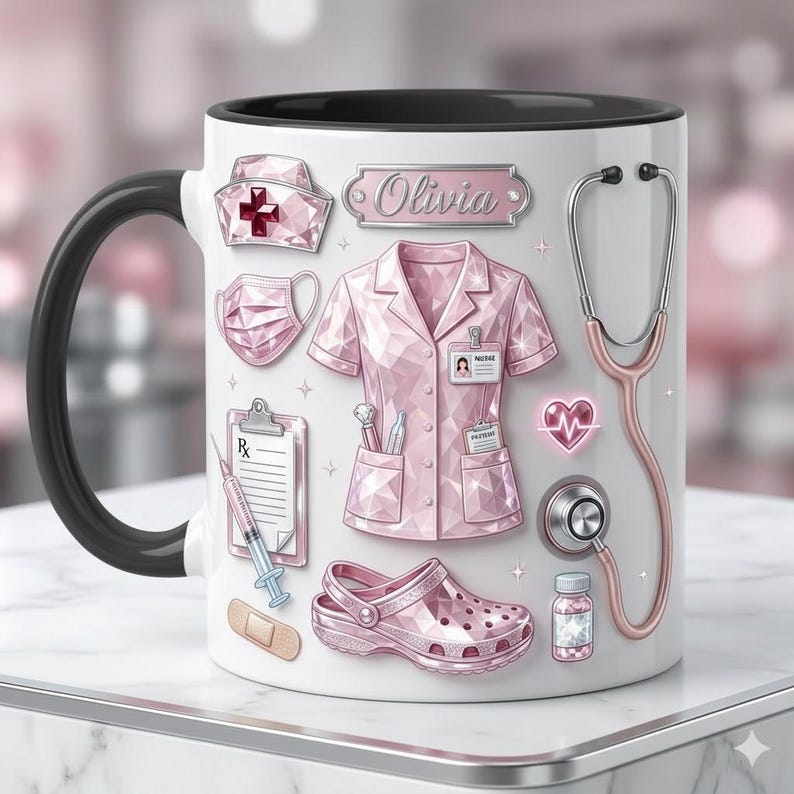 Personalized Nurse Life Faux 3D Effect Mug, Crystal Style Medical Icons, Gift For Nurses