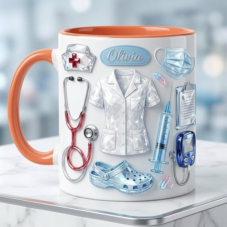 Personalized Nurse Mug Faux 3D Effect, Crystal Style Medical Icons, Gift For Nurses