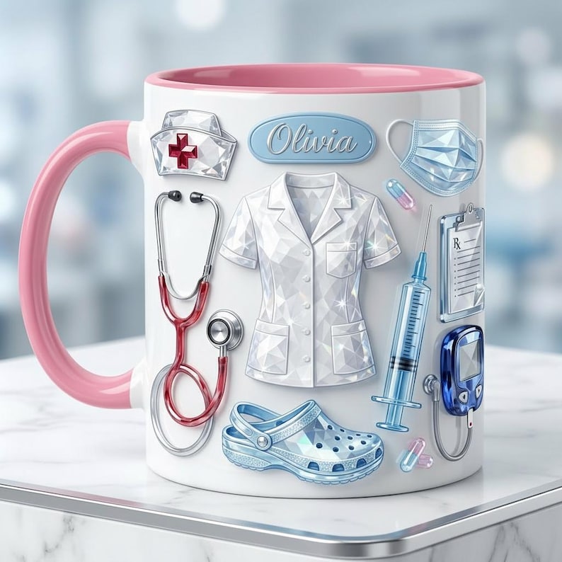 Personalized Nurse Mug Faux 3D Effect, Crystal Style Medical Icons, Gift For Nurses