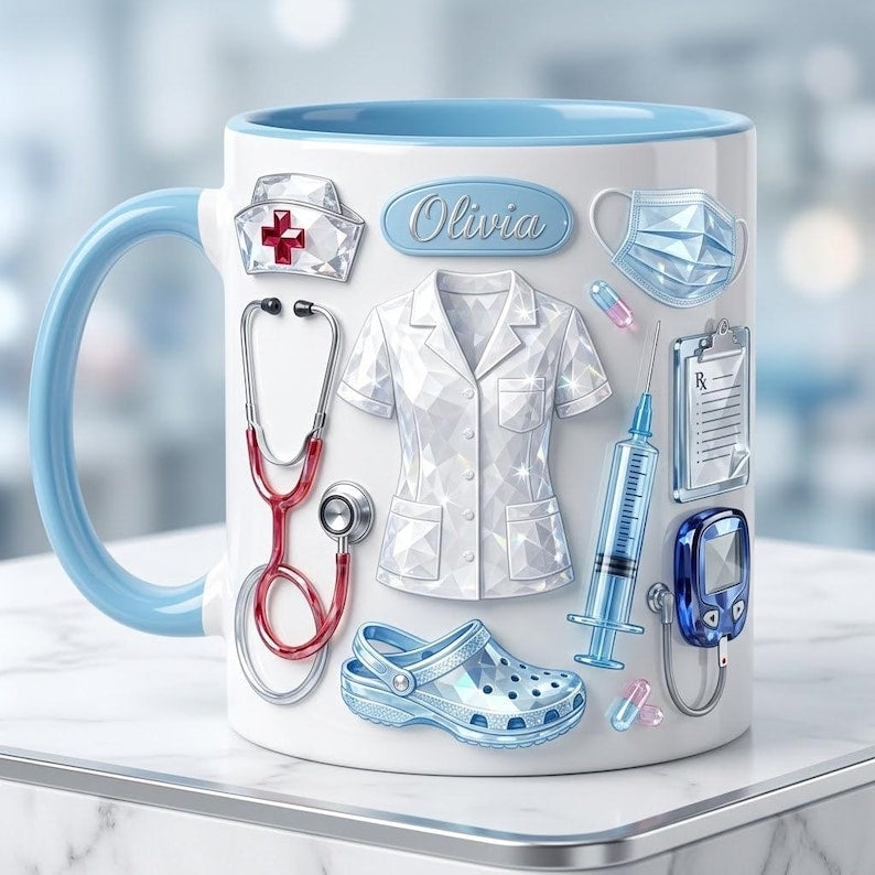 Personalized Nurse Mug Faux 3D Effect, Crystal Style Medical Icons, Gift For Nurses
