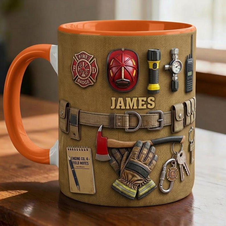 Personalized Firefighter Faux 3D Accent Mug, Fire Rescue Stuff Cup, Proud Fireman
