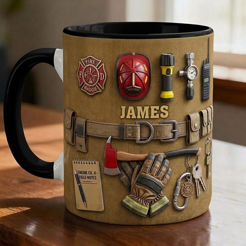Personalized Firefighter Faux 3D Accent Mug, Fire Rescue Stuff Cup, Proud Fireman