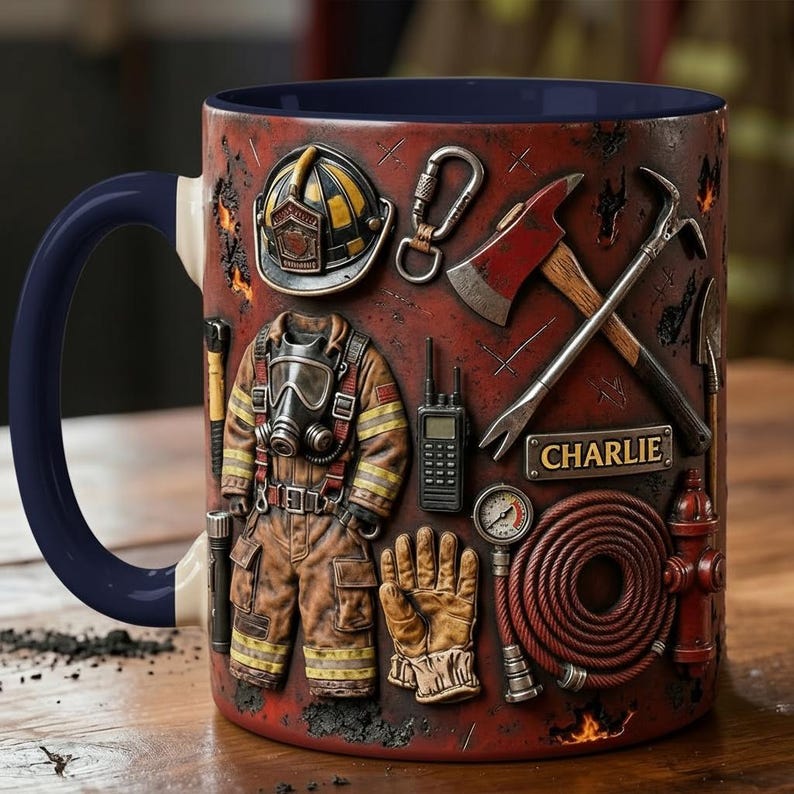 Personalized Firefighter Accent Mug, Fire Rescue Stuff Cup, Proud Fireman, Faux 3D Effect