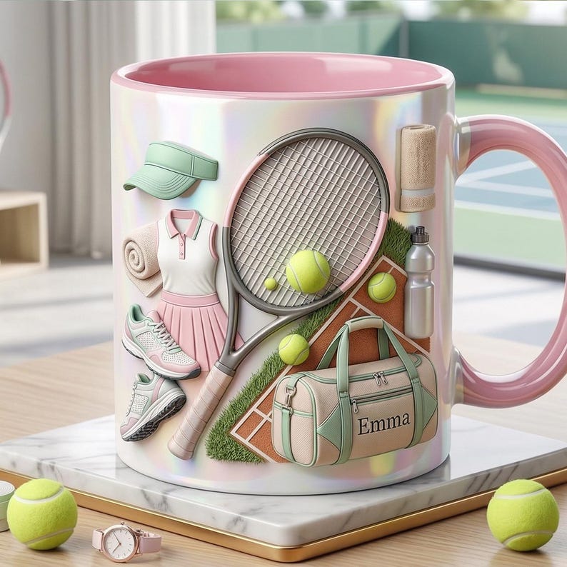 Personalized Tennis Faux 3D Effect Accent Mug, Cute Tennis Coffee Cup, Gift For Tennis Lover