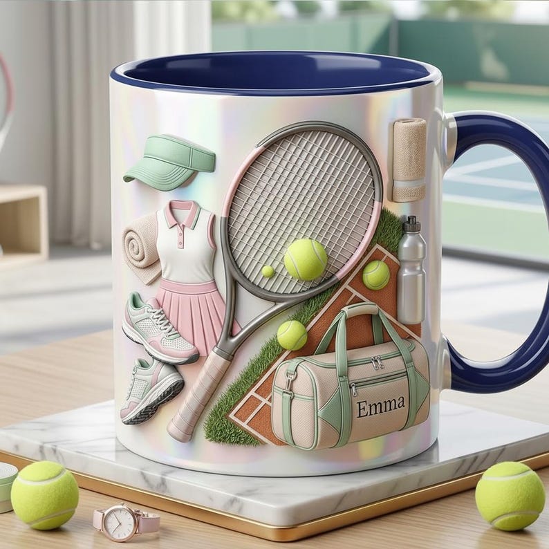 Personalized Tennis Faux 3D Effect Accent Mug, Cute Tennis Coffee Cup, Gift For Tennis Lover