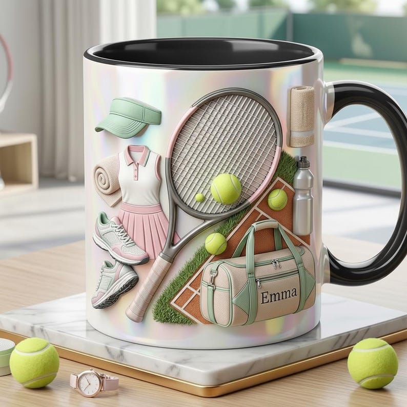 Personalized Tennis Faux 3D Effect Accent Mug, Cute Tennis Coffee Cup, Gift For Tennis Lover