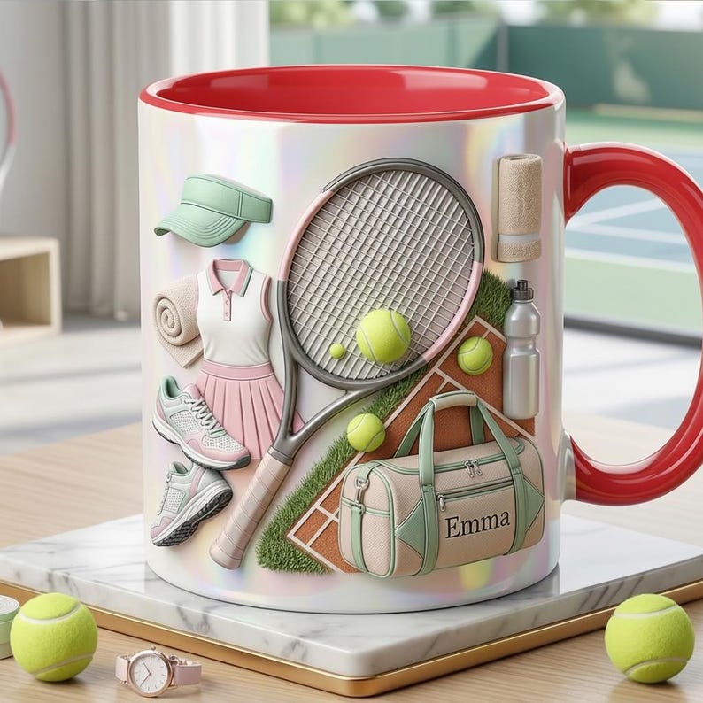 Personalized Tennis Faux 3D Effect Accent Mug, Cute Tennis Coffee Cup, Gift For Tennis Lover