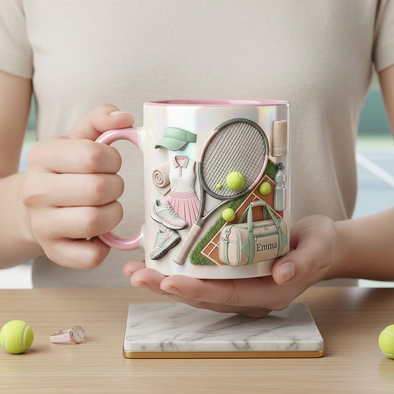 Personalized Tennis Faux 3D Effect Accent Mug, Cute Tennis Coffee Cup, Gift For Tennis Lover