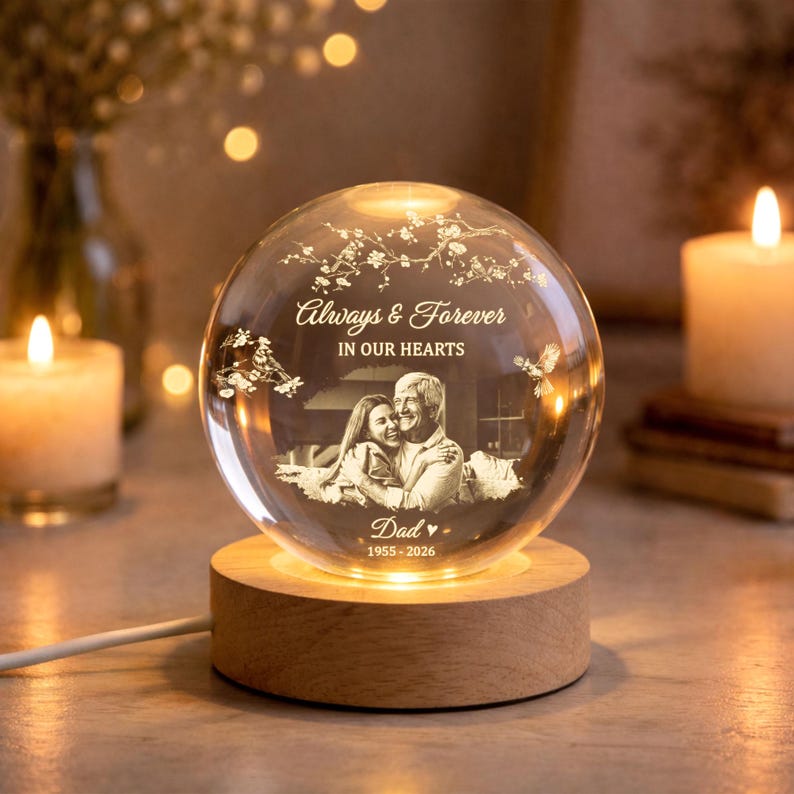 Personalized Photo Memorial Crystal Ball Night Light, Memorial Gift For Loss Of Father/ Mom