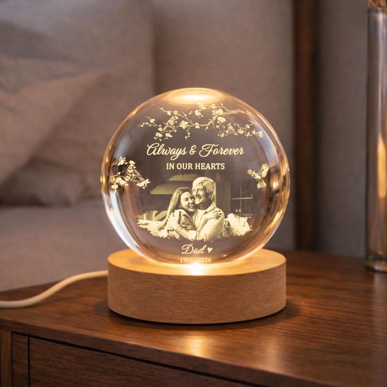 Personalized Photo Memorial Crystal Ball Night Light, Memorial Gift For Loss Of Father/ Mom