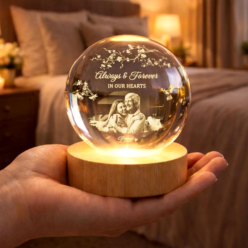 Personalized Photo Memorial Crystal Ball Night Light, Memorial Gift For Loss Of Father/ Mom