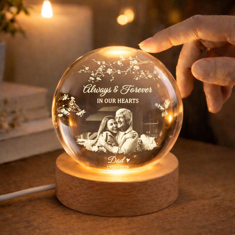 Personalized Photo Memorial Crystal Ball Night Light, Memorial Gift For Loss Of Father/ Mom