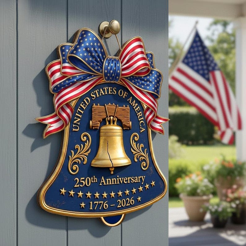 USA 250th Anniversary Wooden Liberty Bell Sign: 1776-2026 Decor, Patriotic Door Hanger