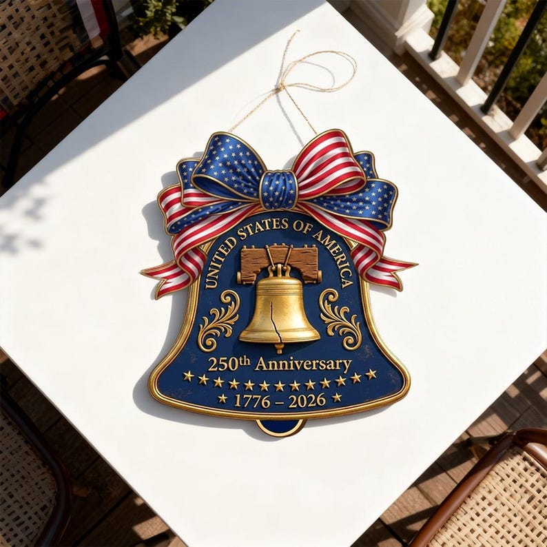 USA 250th Anniversary Wooden Liberty Bell Sign: 1776-2026 Decor, Patriotic Door Hanger