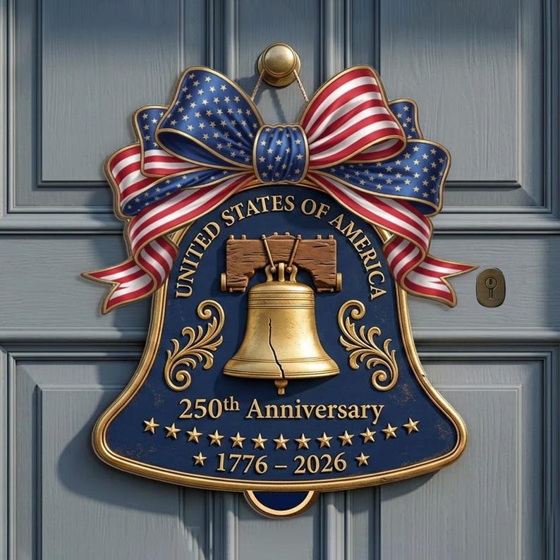 USA 250th Anniversary Wooden Liberty Bell Sign: 1776-2026 Decor, Patriotic Door Hanger
