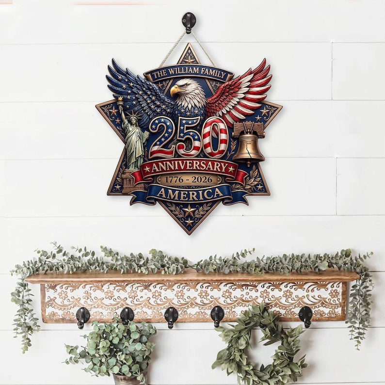 Personalized America 250 Anniversary Wooden Door Hanger, Patriotic Eagle Custom Family Name Door Sign, 1776 2026 Front Door Decor