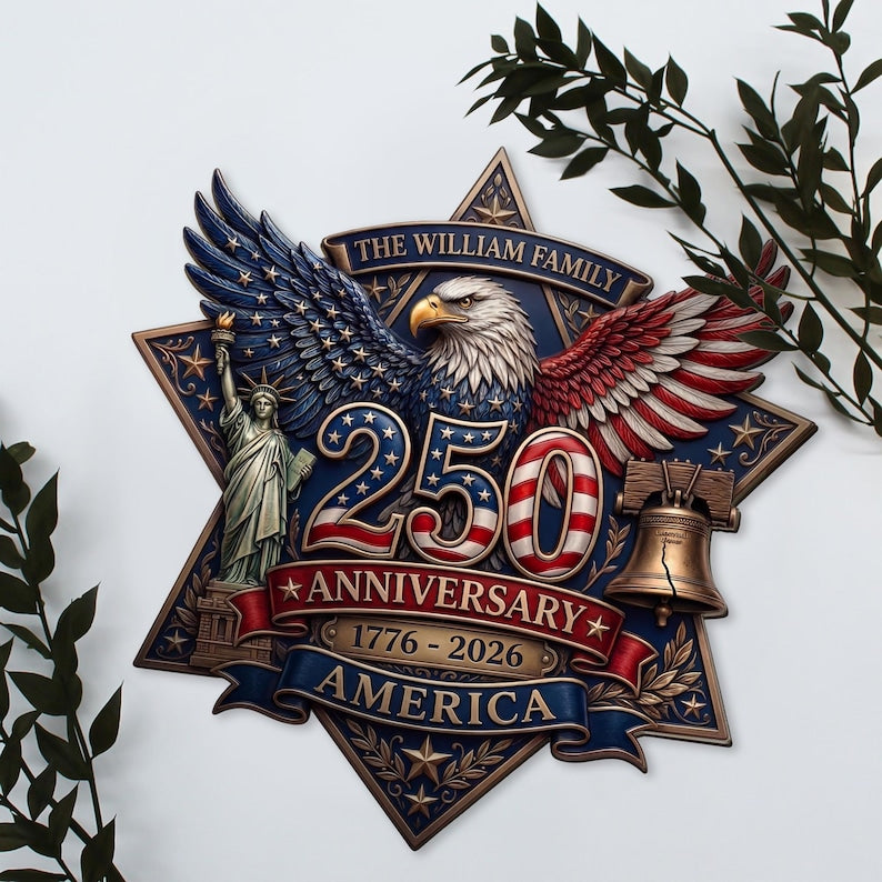 Personalized America 250 Anniversary Wooden Door Hanger, Patriotic Eagle Custom Family Name Door Sign, 1776 2026 Front Door Decor