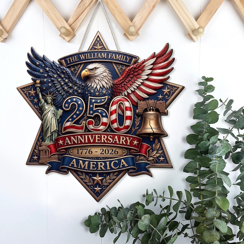 Personalized America 250 Anniversary Wooden Door Hanger, Patriotic Eagle Custom Family Name Door Sign, 1776 2026 Front Door Decor