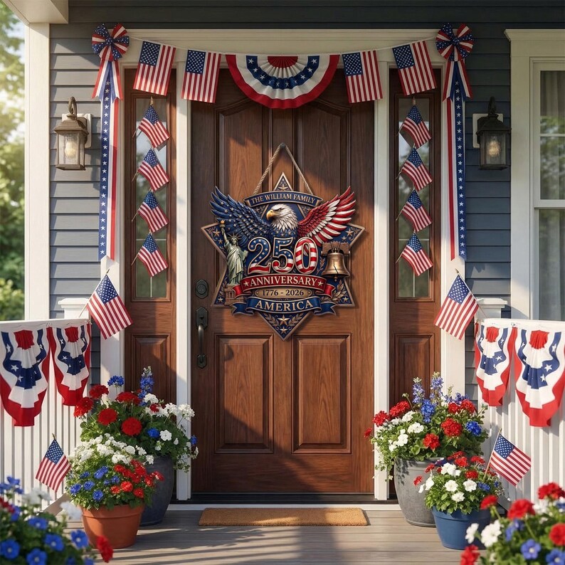 Personalized America 250 Anniversary Wooden Door Hanger, Patriotic Eagle Custom Family Name Door Sign, 1776 2026 Front Door Decor