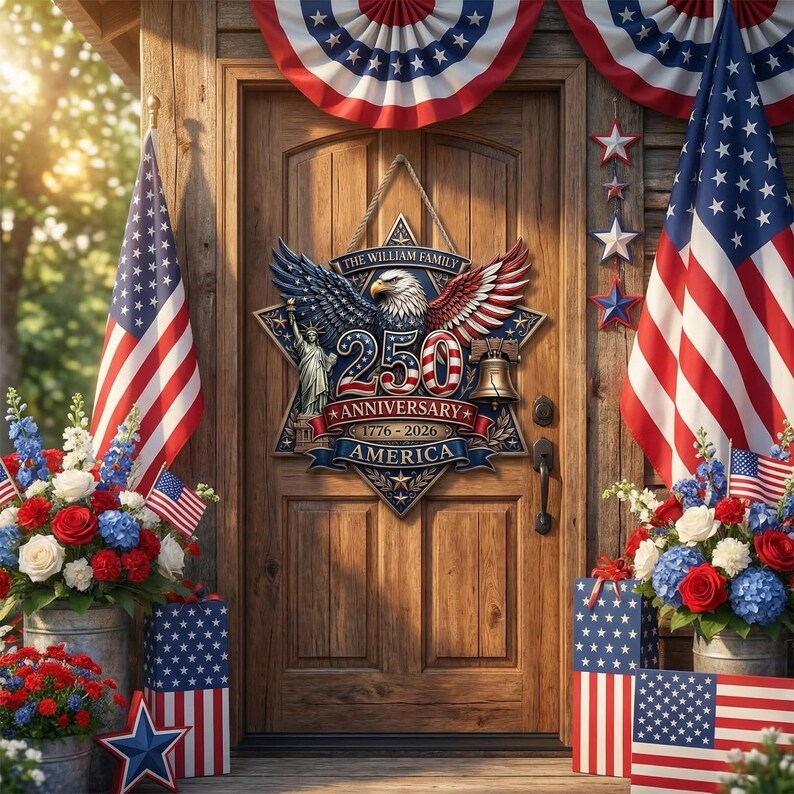 Personalized America 250 Anniversary Wooden Door Hanger, Patriotic Eagle Custom Family Name Door Sign, 1776 2026 Front Door Decor