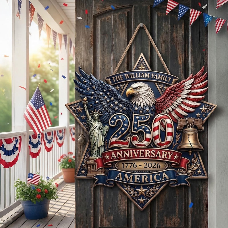 Personalized America 250 Anniversary Wooden Door Hanger, Patriotic Eagle Custom Family Name Door Sign, 1776 2026 Front Door Decor