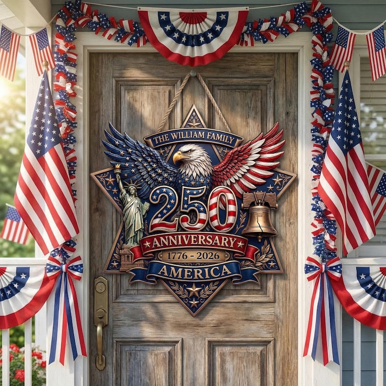 Personalized America 250 Anniversary Wooden Door Hanger, Patriotic Eagle Custom Family Name Door Sign, 1776 2026 Front Door Decor