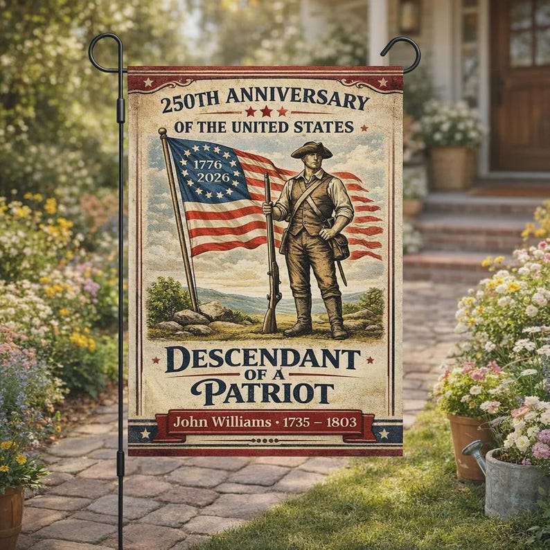Personalized America 250 Garden Flag, 1776–2026 Descendant of a Patriot