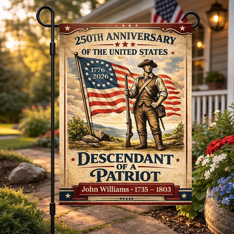 Personalized America 250 Garden Flag, 1776–2026 Descendant of a Patriot
