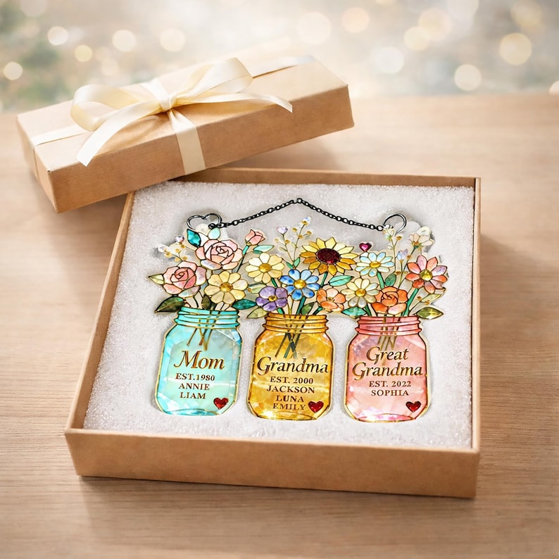 Personalized Generations Floral Jar Suncatcher, Mom Grandma Great Grandma Flower