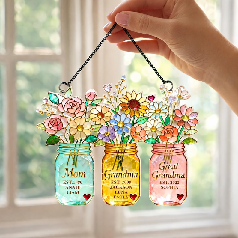 Personalized Generations Floral Jar Suncatcher, Mom Grandma Great Grandma Flower