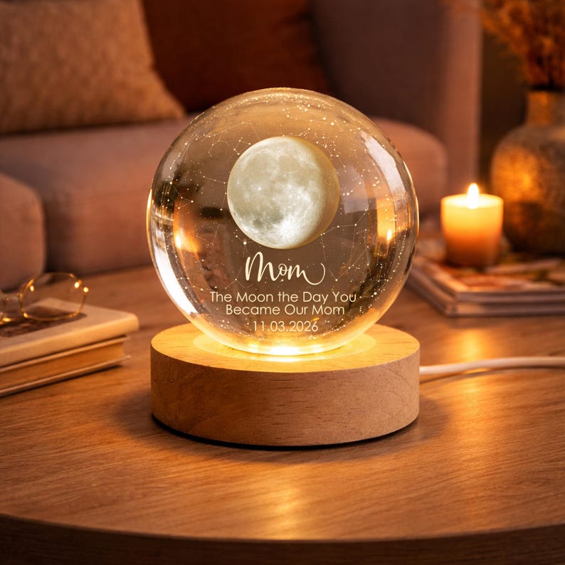 Personalized Moon Phase by Date Crystal Ball Light, Moon Night Light