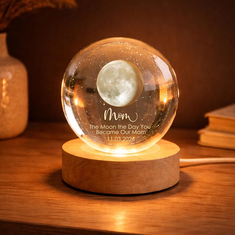 Personalized Moon Phase by Date Crystal Ball Light, Moon Night Light