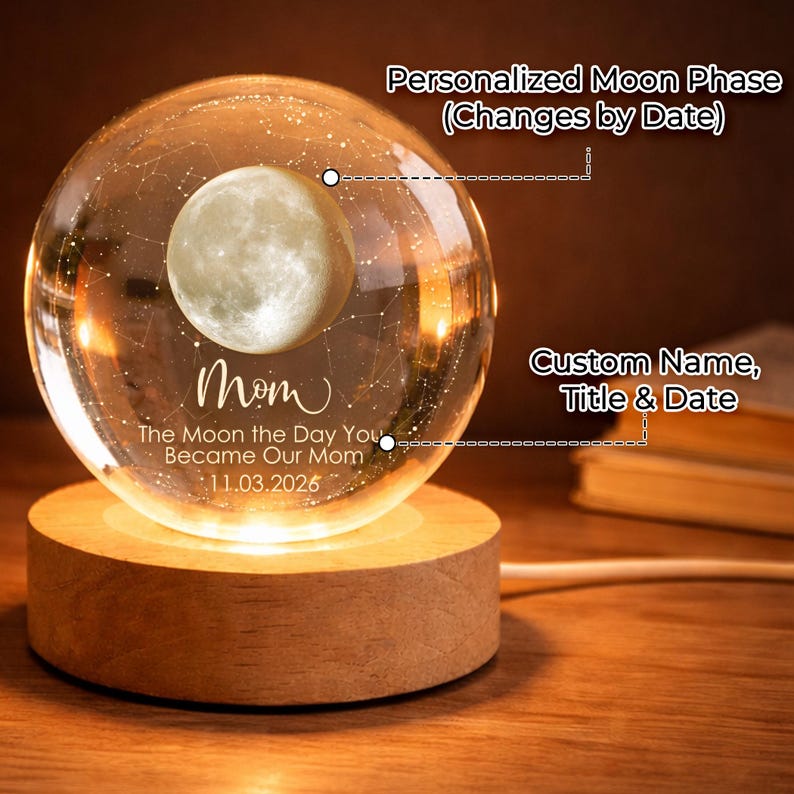 Personalized Moon Phase by Date Crystal Ball Light, Moon Night Light