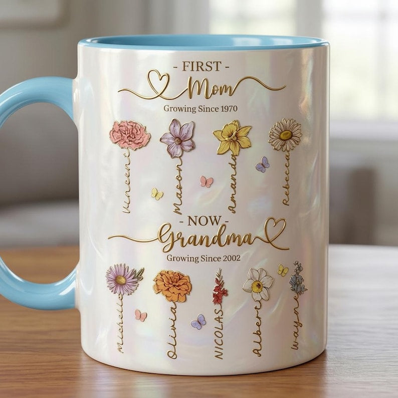Personalized Mom Grandma Flowers Mug, Faux Crystal 3D Effect Cup, Mother's Day Gifts, Grandmas Garden
