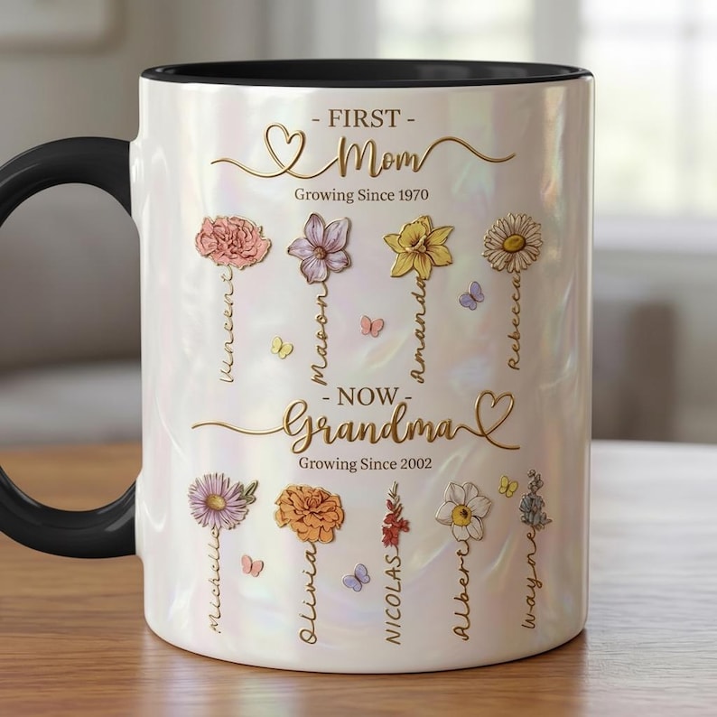 Personalized Mom Grandma Flowers Mug, Faux Crystal 3D Effect Cup, Mother's Day Gifts, Grandmas Garden