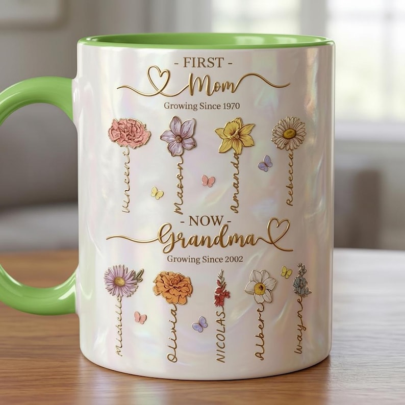 Personalized Mom Grandma Flowers Mug, Faux Crystal 3D Effect Cup, Mother's Day Gifts, Grandmas Garden