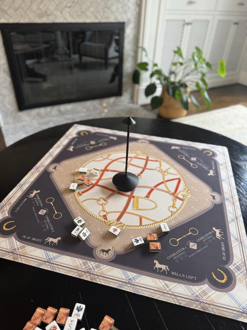 Saddles & Silk Mahjong Mat, Equestrian Mahjong Mat, Horse Bit, Preppy Luxury Scarf Table Mat