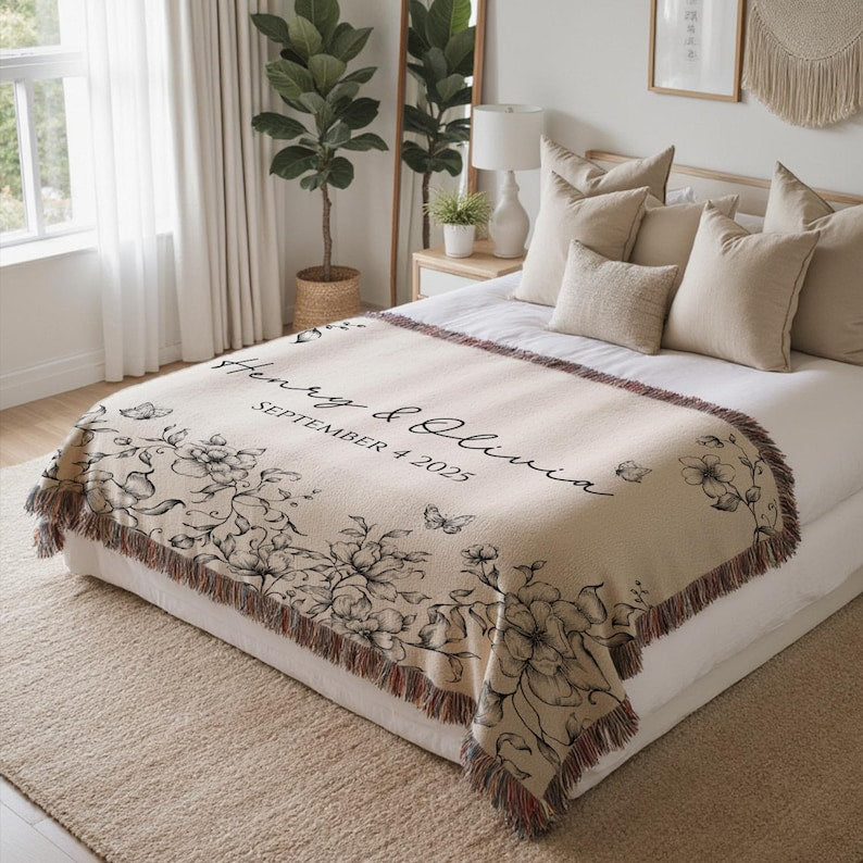 Personalized Wedding Blanket with Names & Date, Anniversary Engagement Throw, Bridal Shower