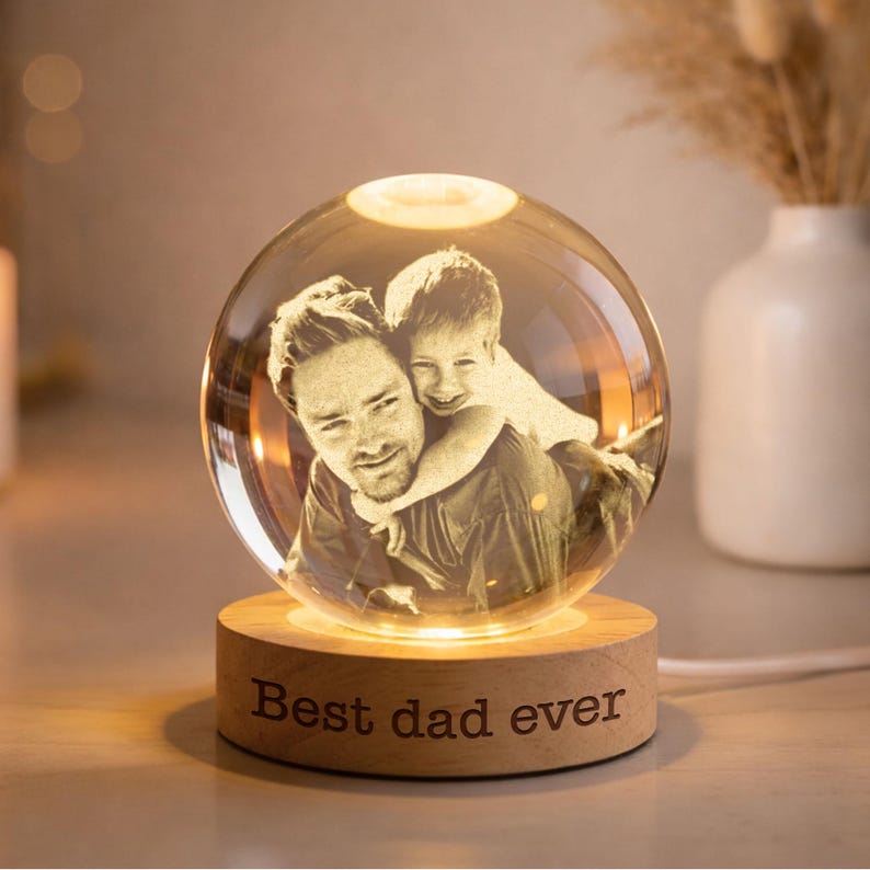 Personalized Photo Crystal Ball LED Night Light, Custom Engraved Picture Dad Night Light