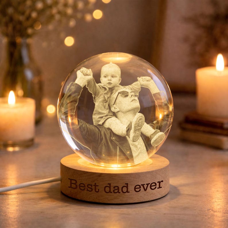 Personalized Photo Crystal Ball LED Night Light, Custom Engraved Picture Dad Night Light