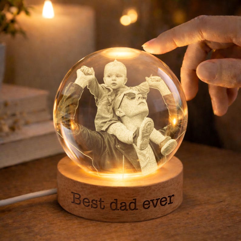 Personalized Photo Crystal Ball LED Night Light, Custom Engraved Picture Dad Night Light
