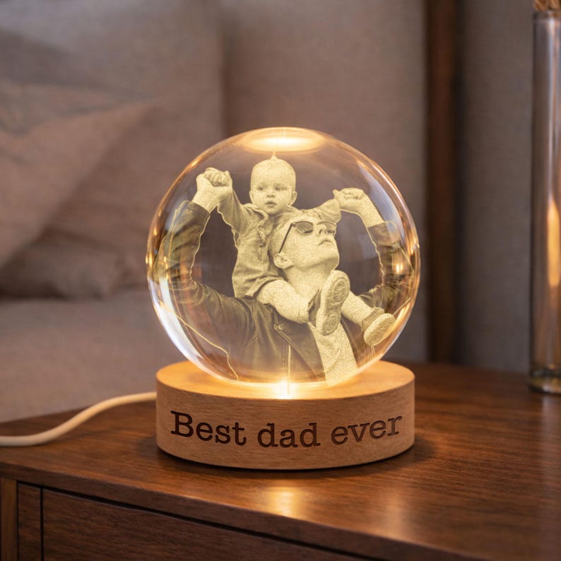 Personalized Photo Crystal Ball LED Night Light, Custom Engraved Picture Dad Night Light