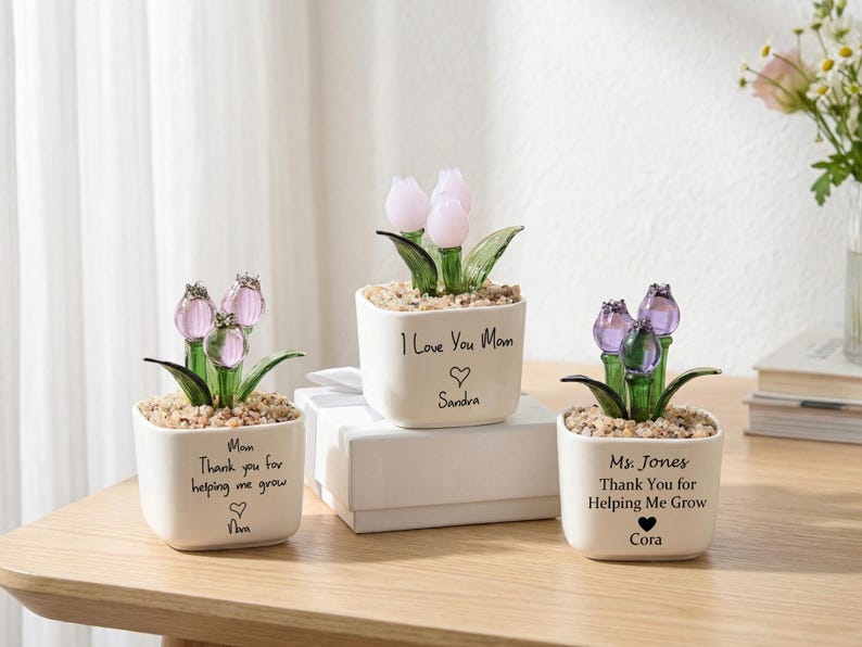 Glass Tulip Flower Pot for Mom, Personalized Mother’s Day Gift, Handmade Everlasting Flower, Custom Keepsake for Her