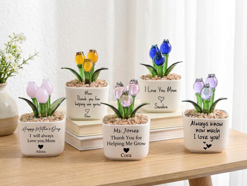 Glass Tulip Flower Pot for Mom, Personalized Mother’s Day Gift, Handmade Everlasting Flower, Custom Keepsake for Her